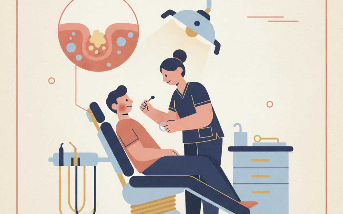 Ilustração de rosto com área inchada na bochecha por abscesso, próxima vista da lesão inflamada com pus na gengiva
