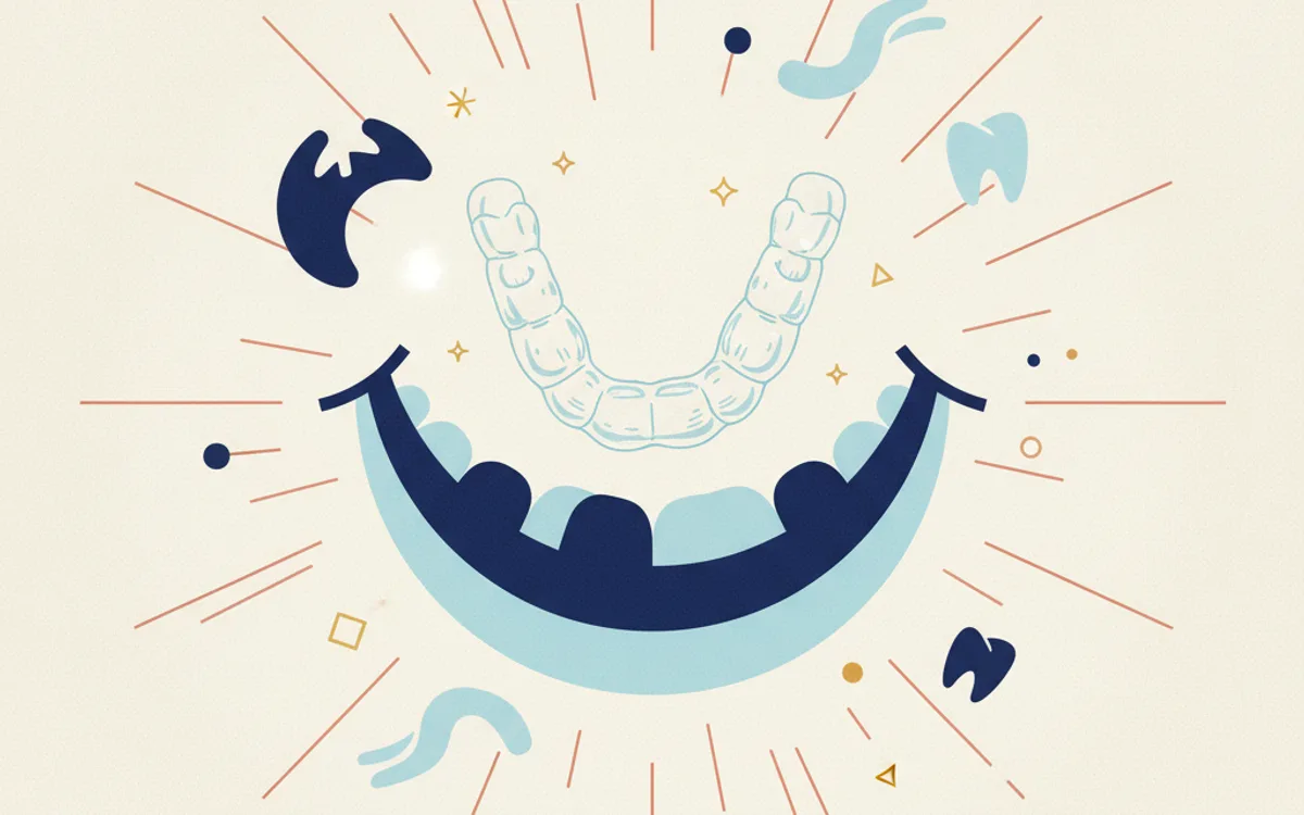 Ilustração editorial de alinhador transparente sobre arcada dentária