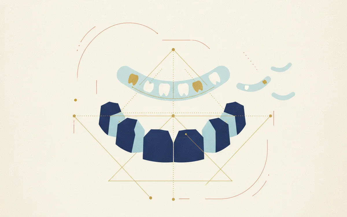 Ilustração editorial de alinhador transparente com planejamento digital 3D em azul e creme