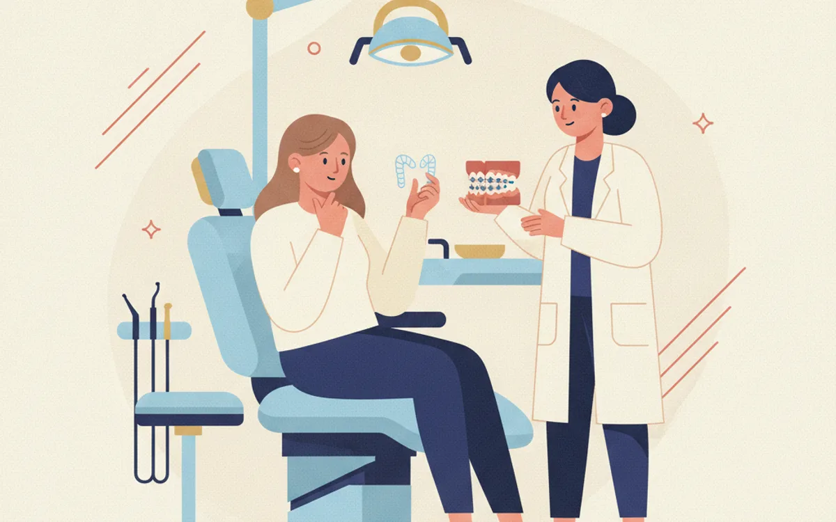 Ilustração de paciente comparando um alinhador transparente com o modelo de aparelho fixo que a dentista mostra