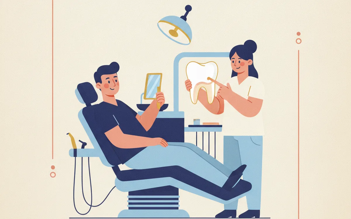 Ilustração de paciente na cadeira odontológica enquanto a dentista mostra a linha da gengiva em um modelo de dente