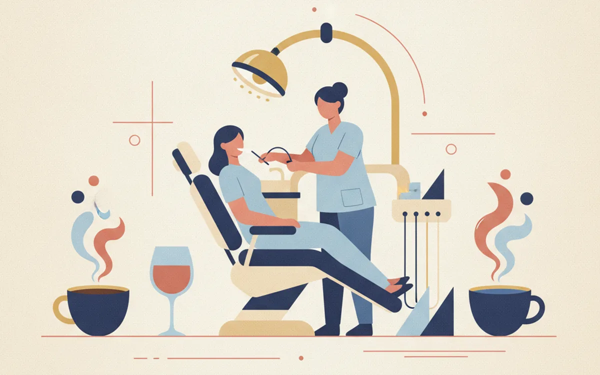 Ilustração editorial de xícara de café, taça de vinho e xícara de chá associadas a pigmentação dental