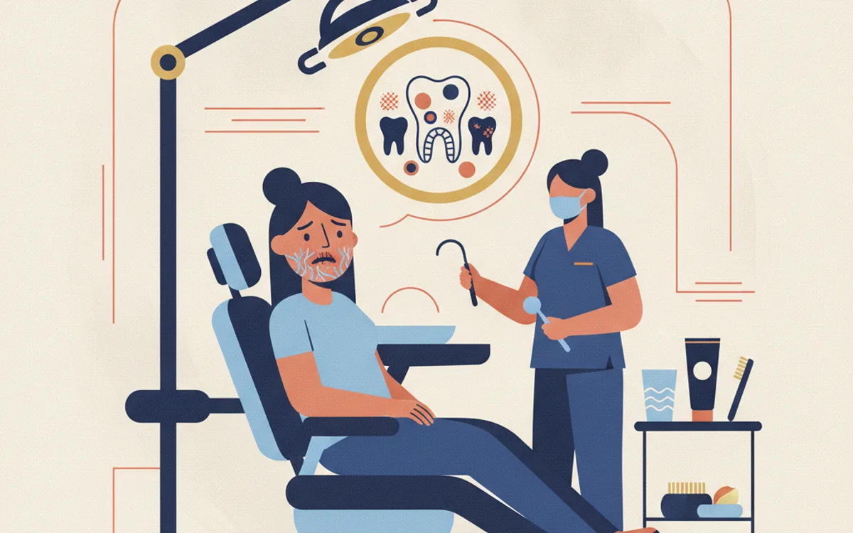 Ilustração de rosto com expressão de desconforto, boca aberta mostrando mucosa ressecada e sem saliva, representação visual da xerostomia