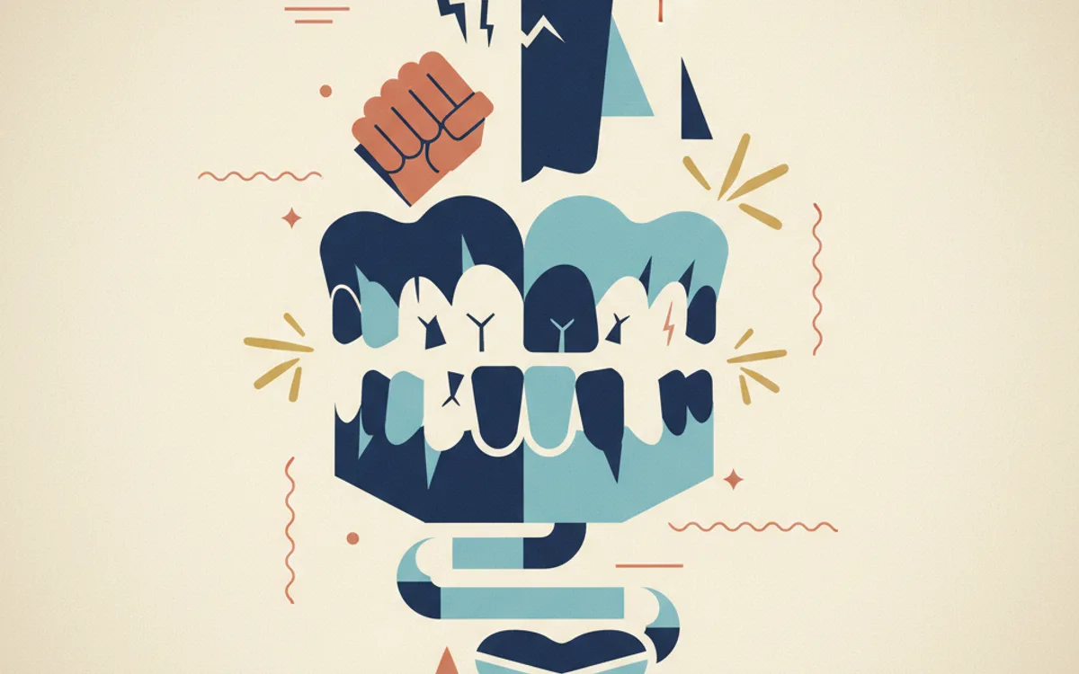 Ilustração editorial sobre bruxismo e tensão na mandíbula durante o sono