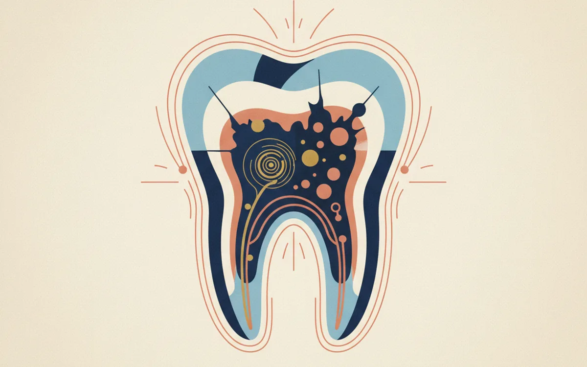 Ilustração mostrando camadas de dente com cárie profunda próxima à raiz em corte transversal