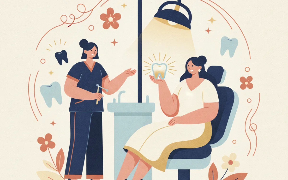 Ilustração editorial de sorriso iluminado antes de evento especial, em tons de azul e creme