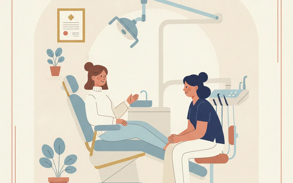 Ilustração editorial de consulta odontológica acolhedora com elementos que transmitem confiança e cuidado