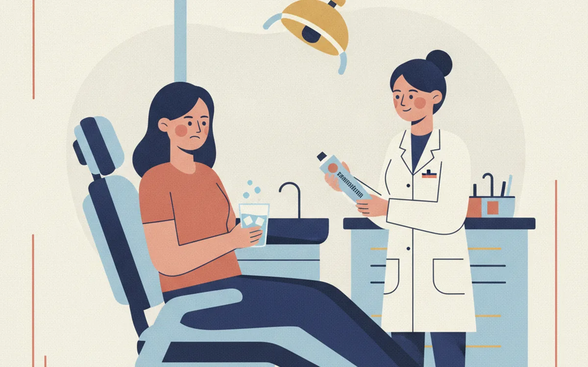Ilustração de paciente com sensibilidade ao tomar bebida gelada, dentista ao lado apresentando creme dessensibilizante