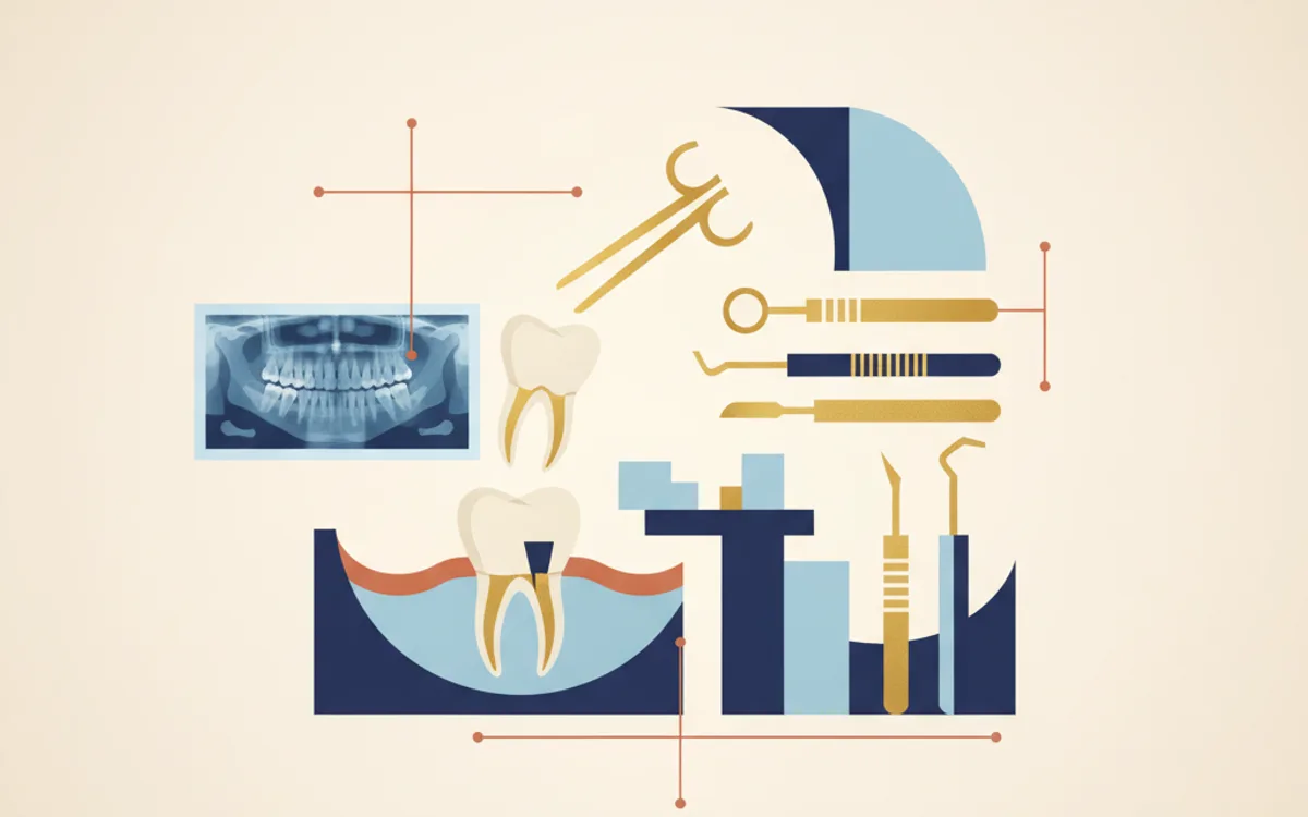 Ilustração de dente do siso e avaliação odontológica em consultório moderno