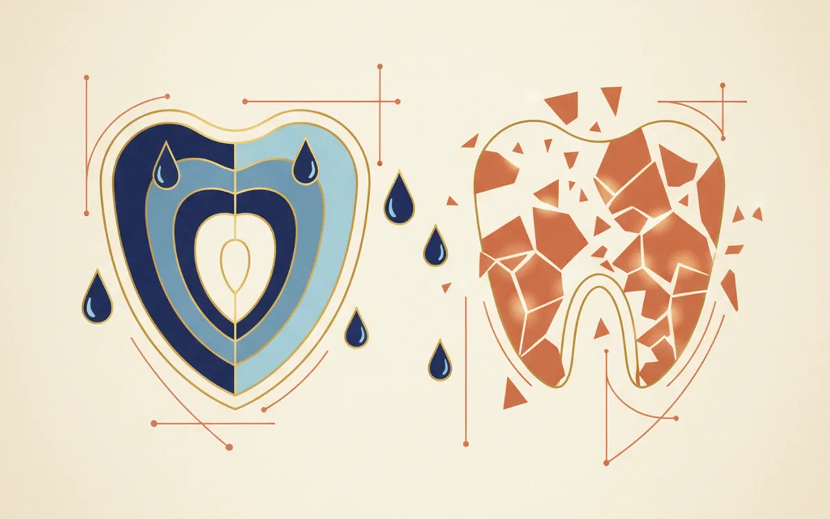 Ilustração editorial mostrando dente com erosão ácida e camadas de esmalte desgastado