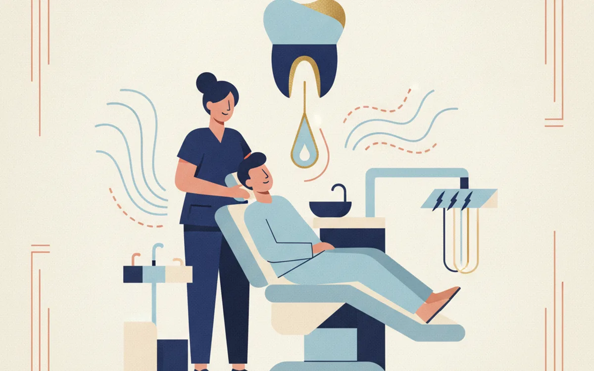 Ilustração editorial de extração de siso com sedação consciente — elementos geométricos em azul e terracota sobre fundo creme