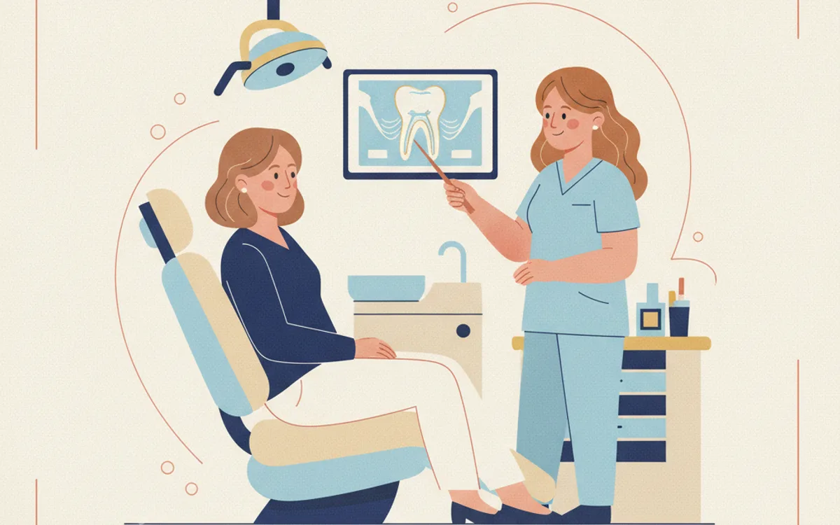 Ilustração de dentista mostrando a radiografia de um dente à paciente na cadeira, avaliando juntas se é possível preservá-lo