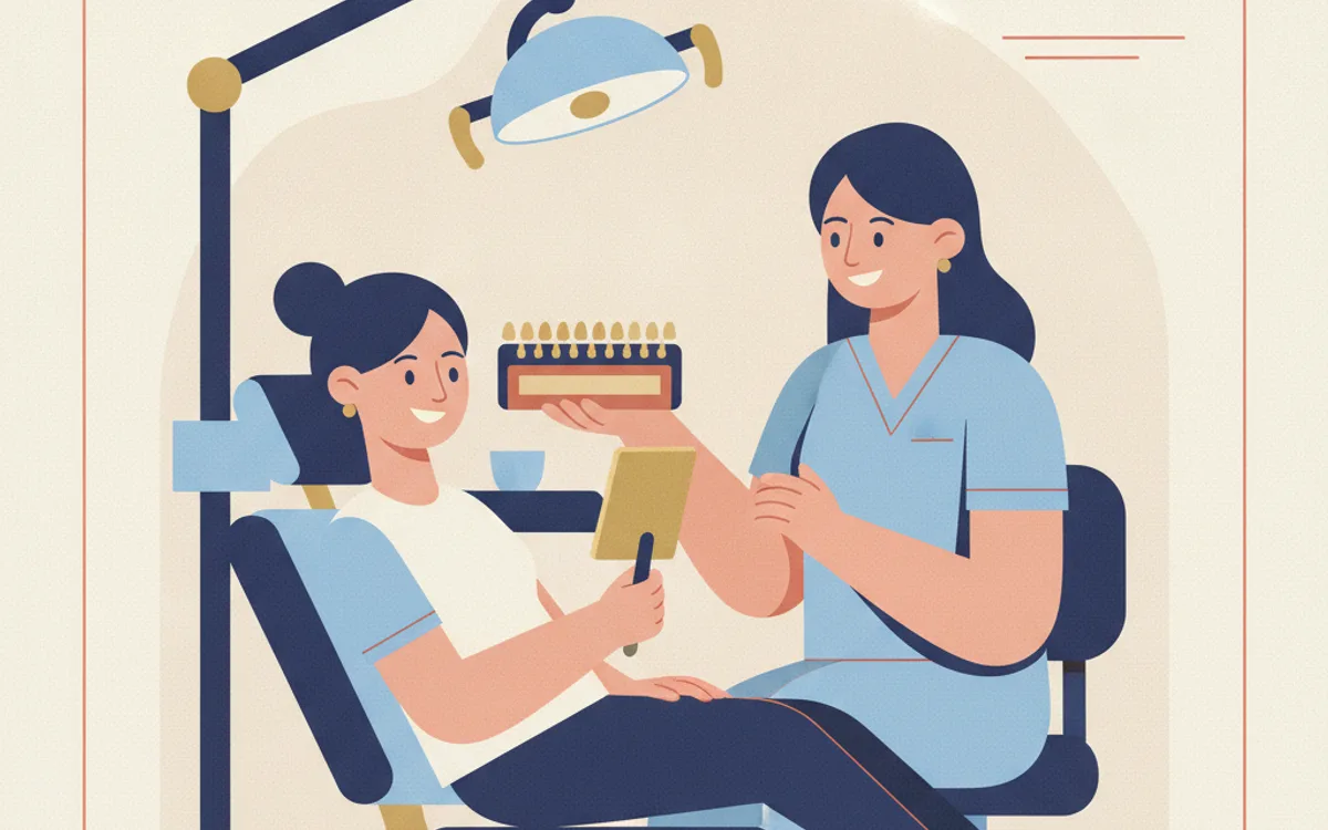Ilustração de dentista usando a escala de cores ao lado do sorriso da paciente para escolher o tom natural da faceta
