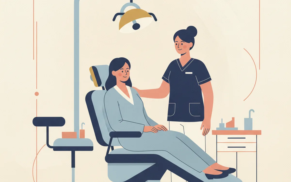 Ilustração de paciente tranquila na cadeira odontológica após o atendimento, com a dentista ao lado