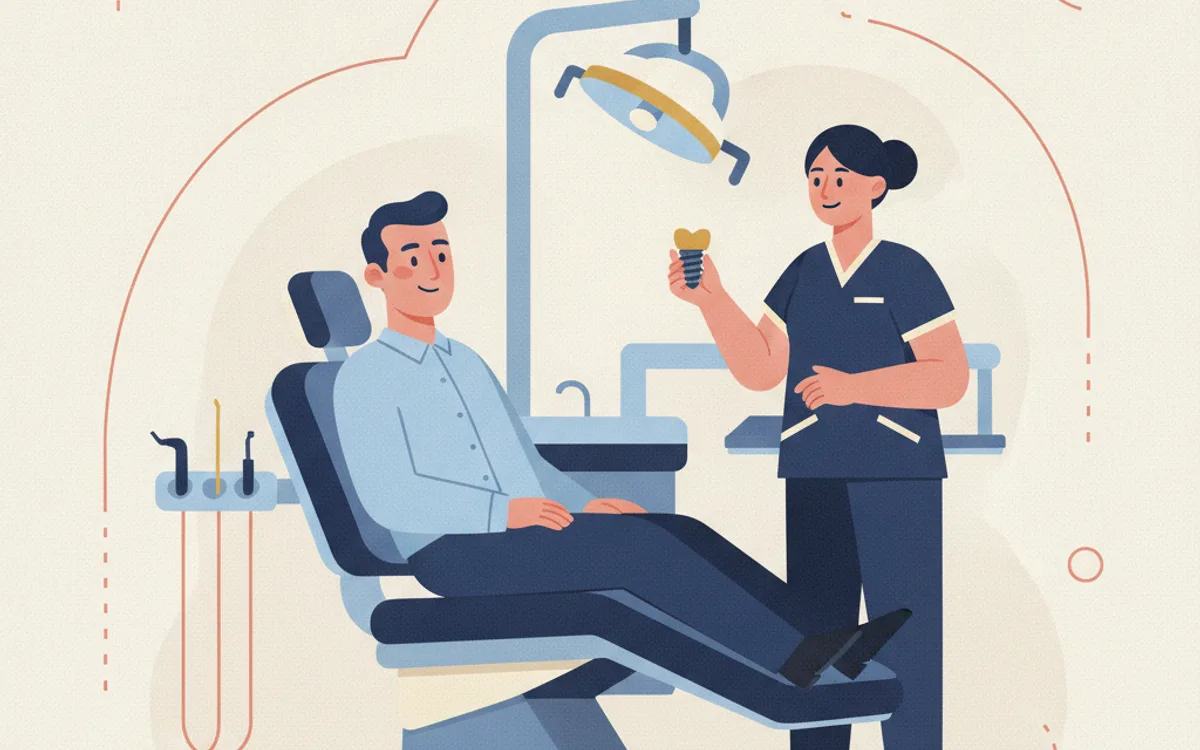 Ilustração de paciente sorrindo no consultório com dentista apresentando modelo de implante dentário