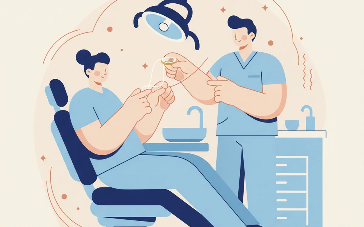 Paciente aprendo técnica cuidadosa de limpeza de lente de contato dental com fio dental delicado
