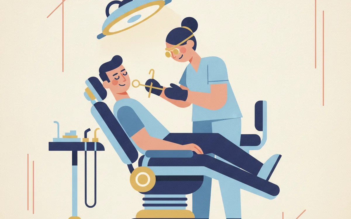 Ilustração de dentista realizando limpeza na gengiva de um paciente tranquilo na cadeira odontológica