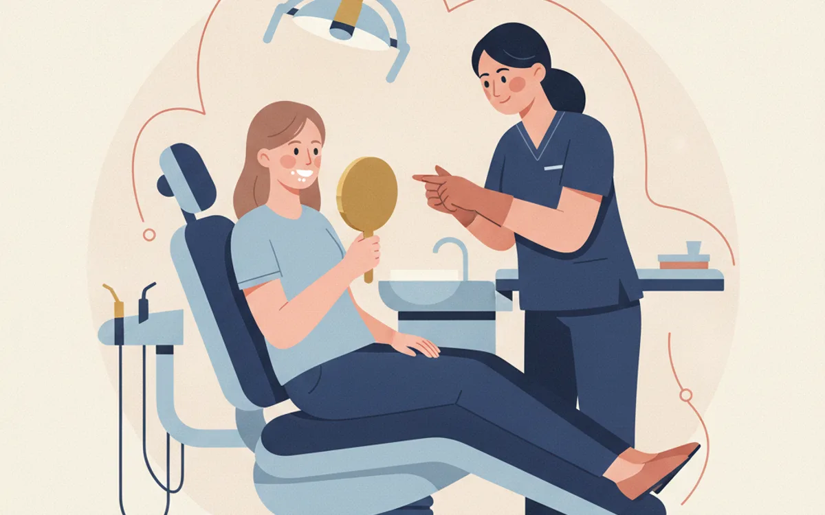 Ilustração de paciente olhando no espelho as manchas brancas nos dentes enquanto a dentista explica o tratamento