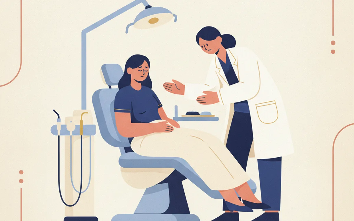 Ilustração de paciente ansiosa sendo acolhida por dentista em ambiente odontológico tranquilo