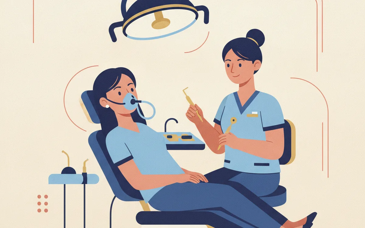 Paciente consciente e relaxada em consultório durante sedação com óxido nitroso, máscara nasal, mantendo olhos abertos