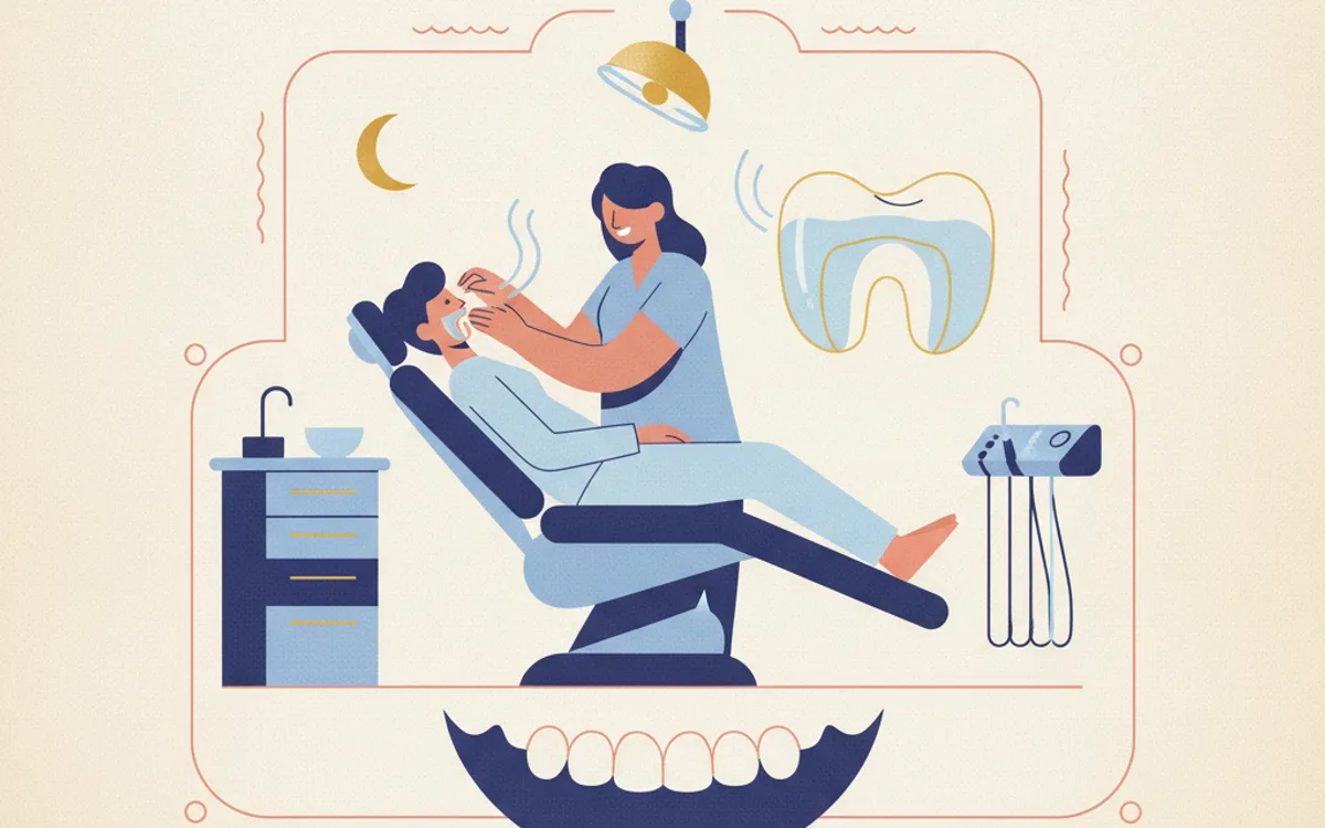 Ilustração editorial de placa miorrelaxante para bruxismo — formas geométricas em azul e terracota sobre fundo creme