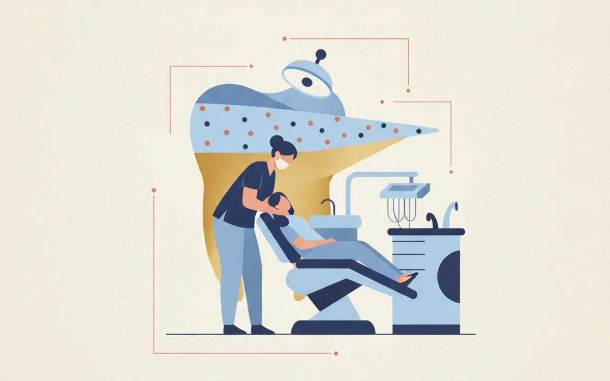 Ilustração editorial de esmalte dental com camadas, mostrando o processo de amarelamento dos dentes ao longo do tempo