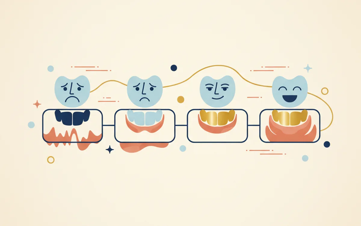 Ilustração de mulher sorrindo com prótese dentária confortável após período de adaptação