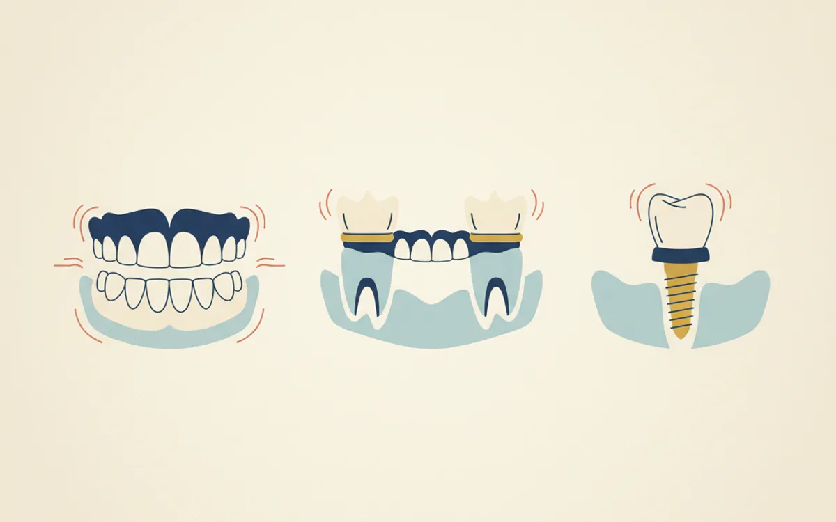 Comparação visual dos 3 tipos principais de prótese dentária: fixa, removível e sobre implante