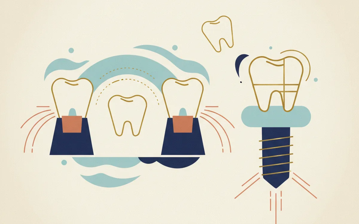 Ilustração educativa comparando prótese dentária e implante
