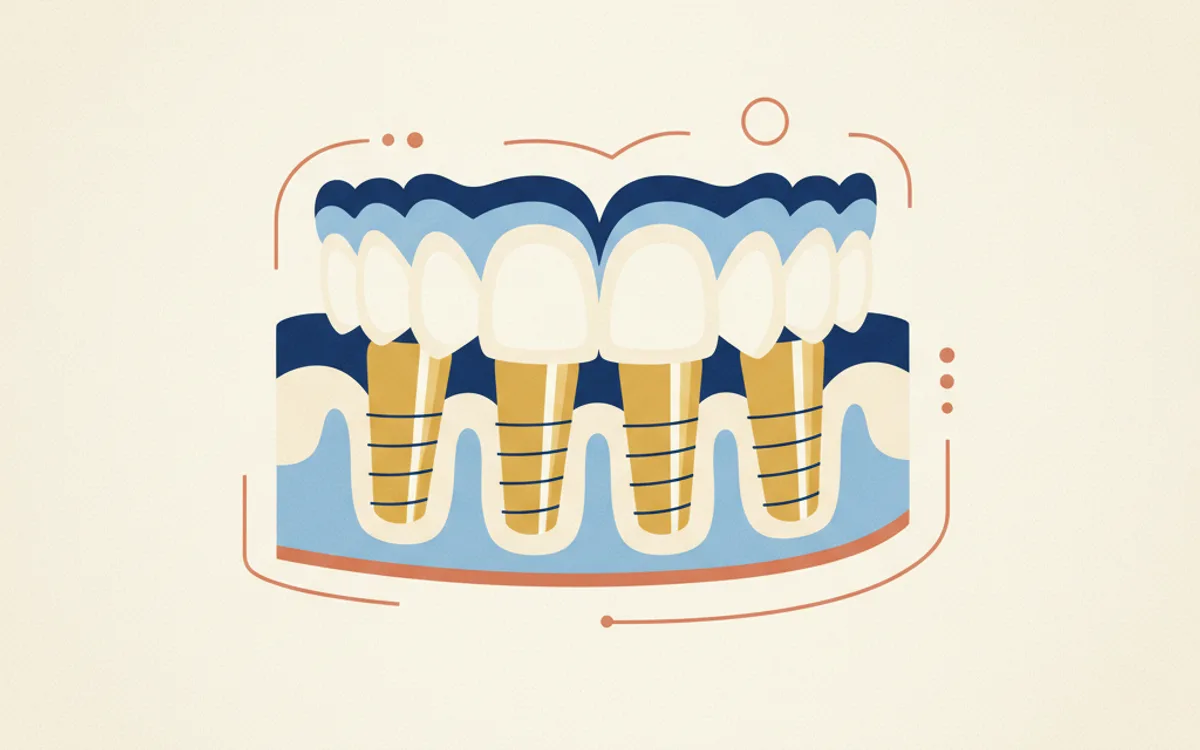 Ilustração de arcada dentária completa sobre implantes com estrutura fixa