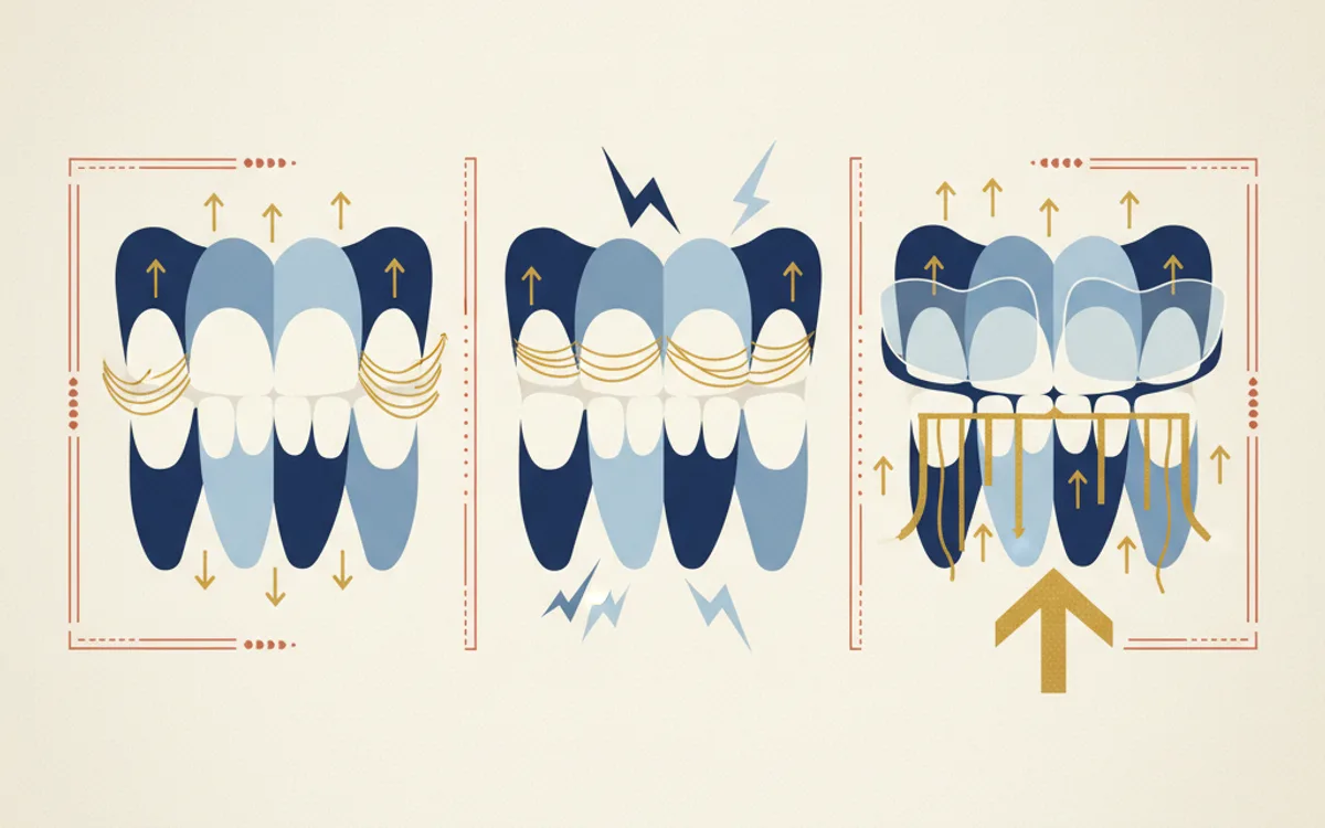 Evolução visual do sorriso: alinhado, recaída gradual, e retenção bem-sucedida
