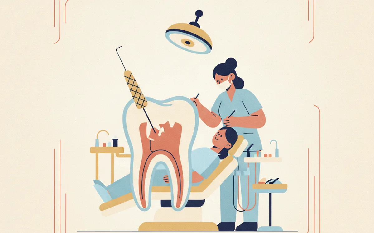 Ilustração de dente em corte transversal com canal tratado, próxima visualização de dentes com falha e infecção retornando
