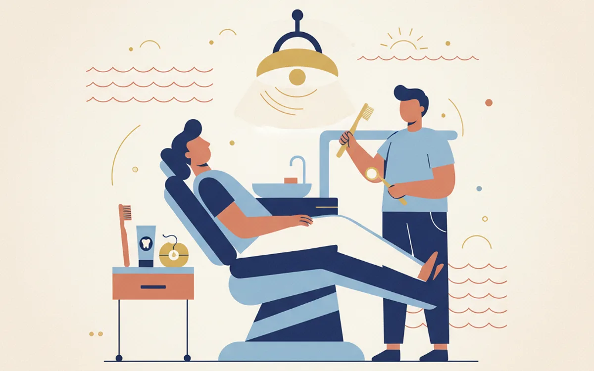 Viajante cuidando dos dentes em destino de férias — escova, fio dental e rotina portátil
