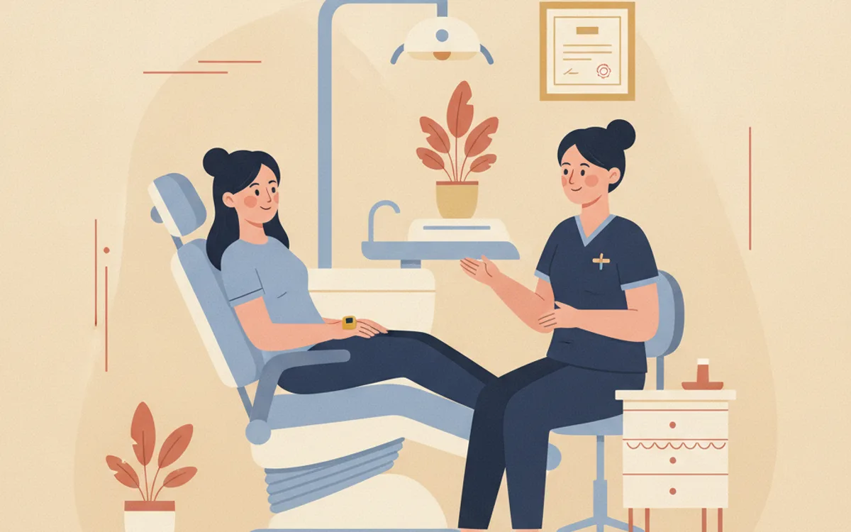 Ilustração de paciente acordada e tranquila na cadeira odontológica enquanto a dentista explica a sedação consciente